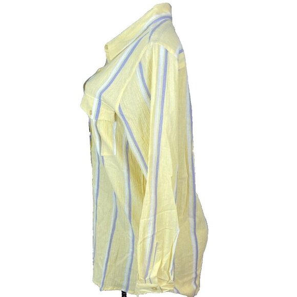 Denim & Co. M Yellow-Purple Striped Button Down Pockets Cotton Long Sleeve Shirt - Picture 5 of 6